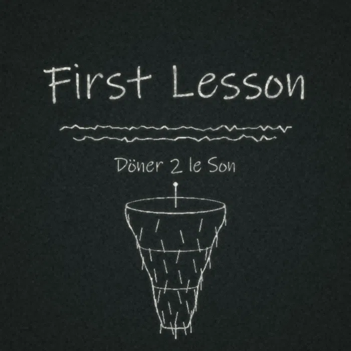 First Lesson cover: the title and the band name written in chalk on a blackboard, with a spinning kebab underneath